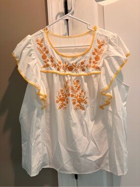 White Embroidered Flutter-Sleeve Blouse with Yellow Detail